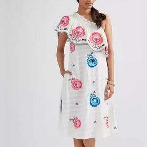 Anthropologie One Shoulder Sundress Ruffles Embroidered Floral Tan Pink Size S